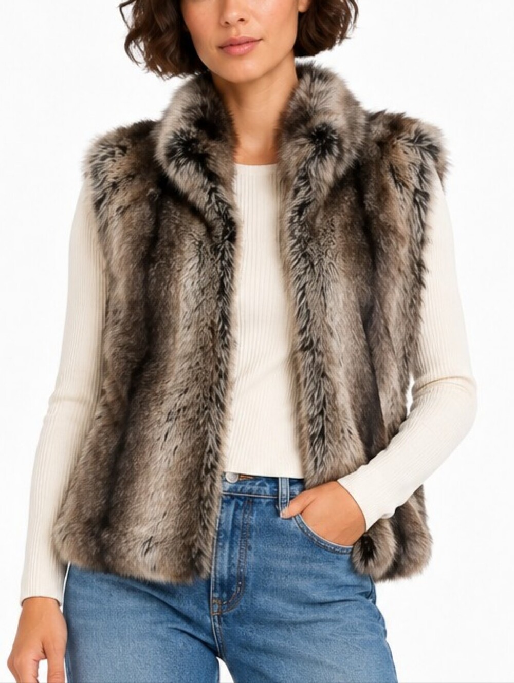 Kenar Womens Faux Fur Vest Brown Gray Cashmere Blend Sleeveless Jacket Size M